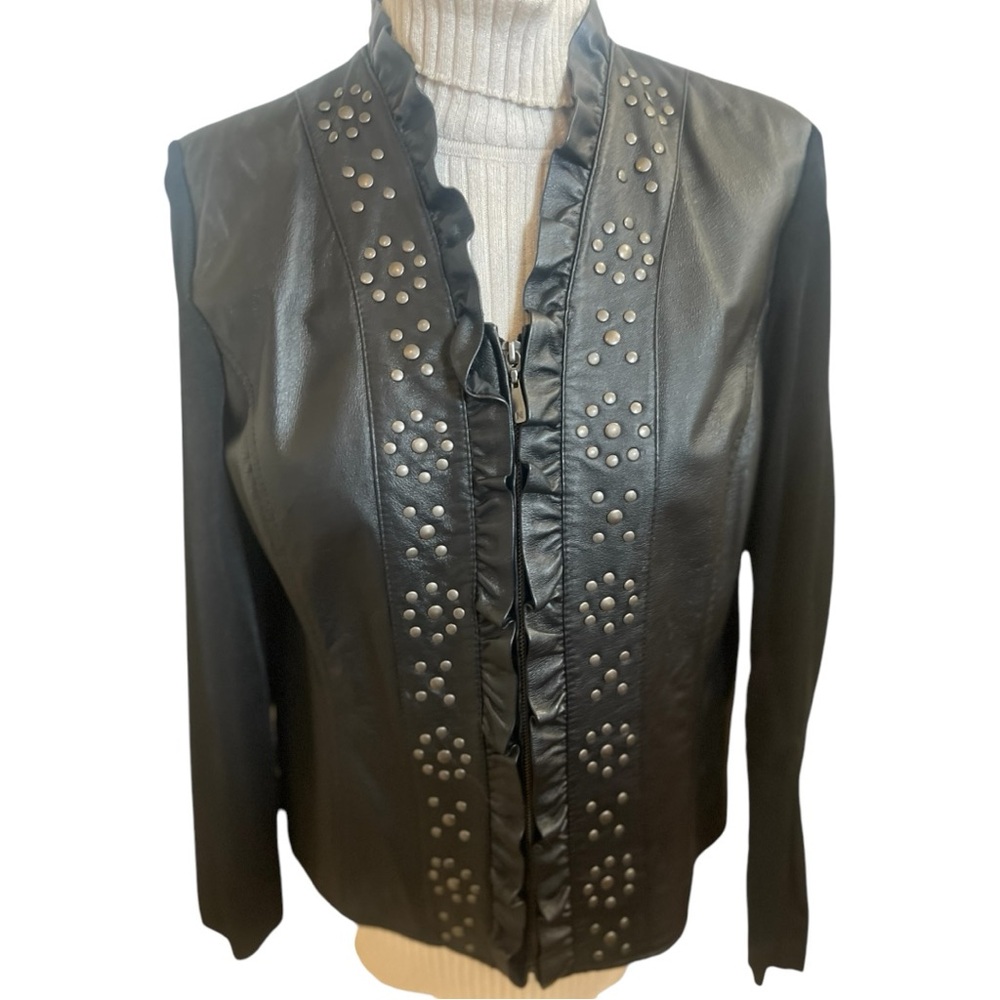Peter Nygard Leather Jacket Blazer Cardigan Black Size Large L Stretch studs